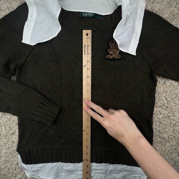 Lauren Ralph Lauren Women’s Sweater Brown Medium Crest Logo White Trim School - Picture 2 of 14